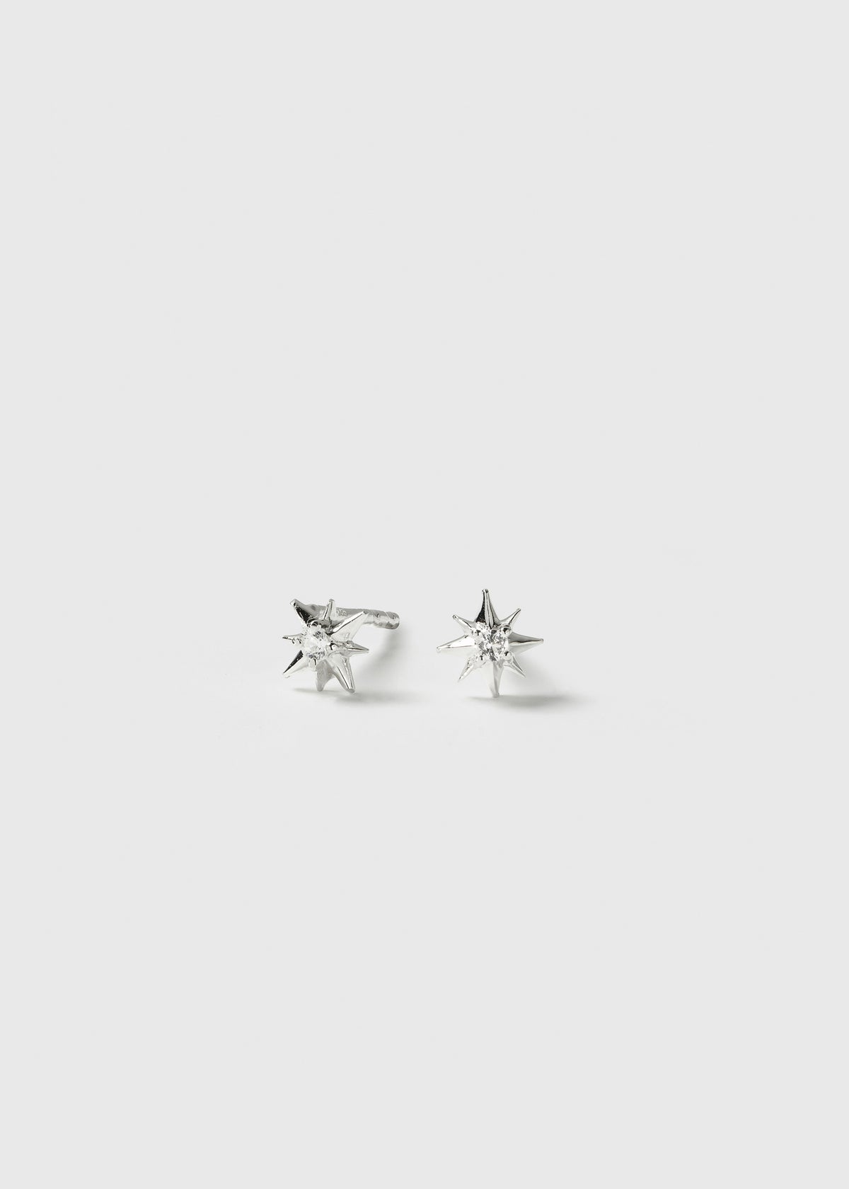 A product shot of the North Star Studs in silver, showing the pair of star-shaped earrings, each with a faceted crystal at its center.