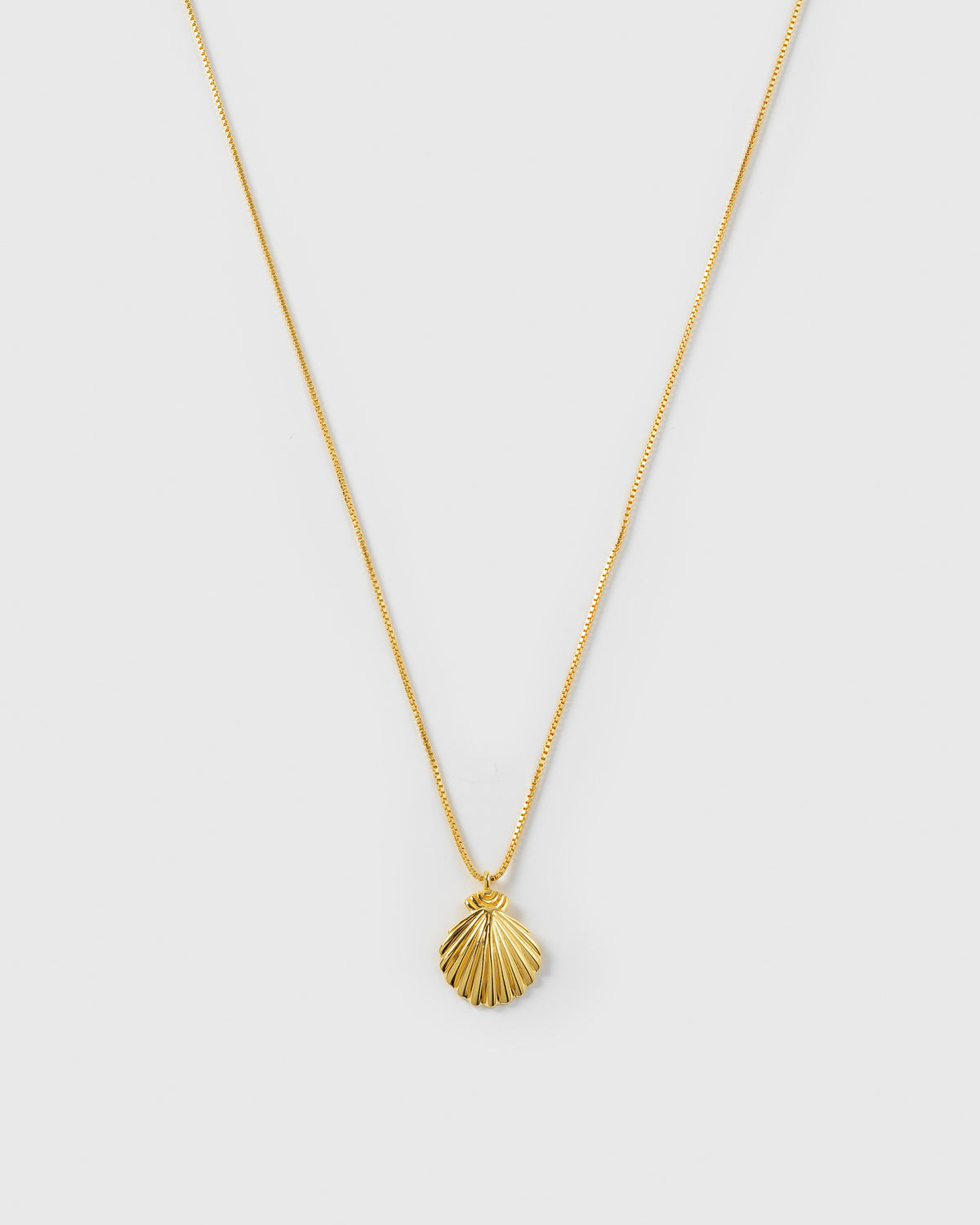 A product shot of the Beaches Shell Necklace in gold, featuring its fine chain and a detailed, shell-shaped pendant.