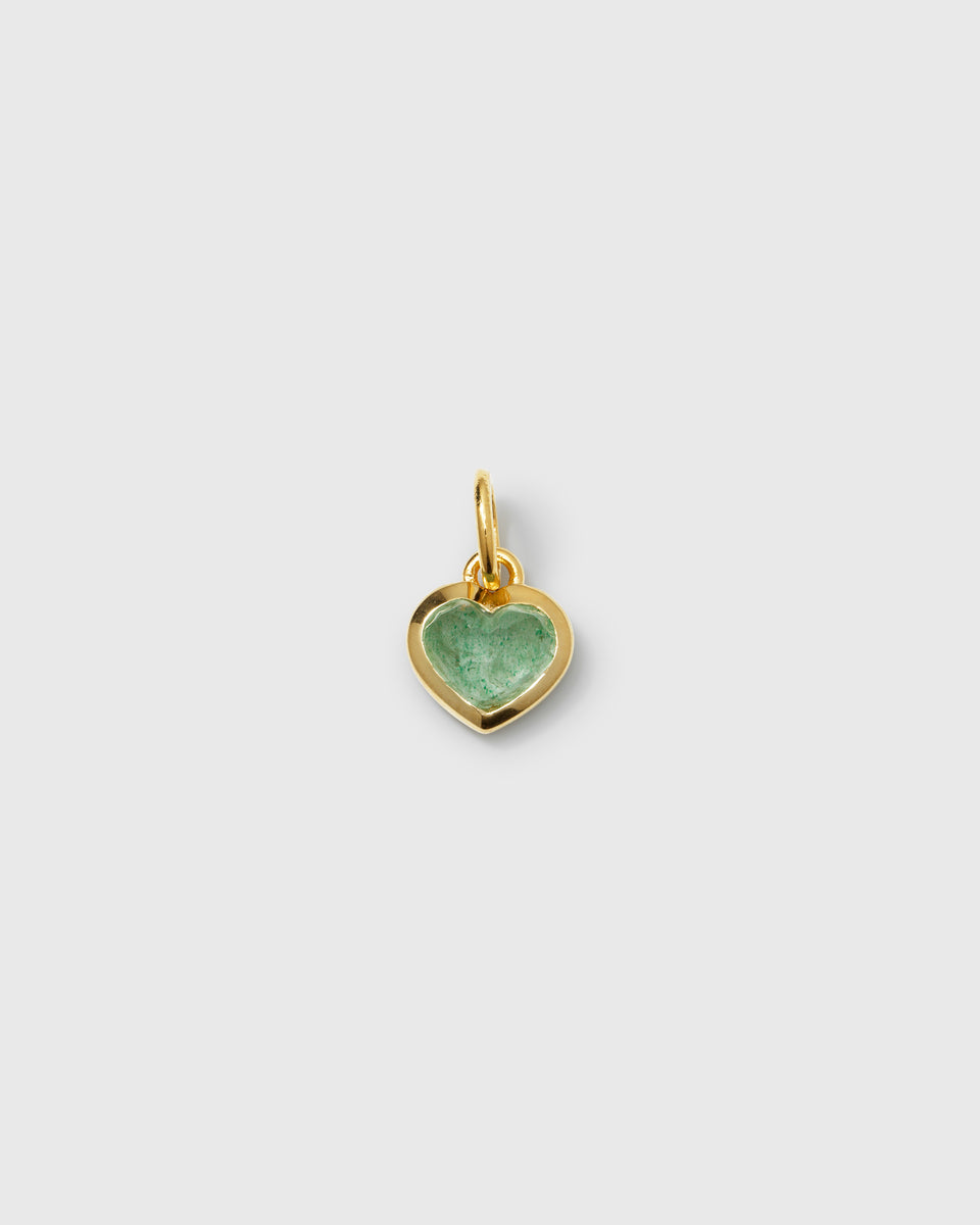 A product shot of the Beloved Heart Pendant Gold, featuring a heart-shaped green aventurine stone set in a gold frame.