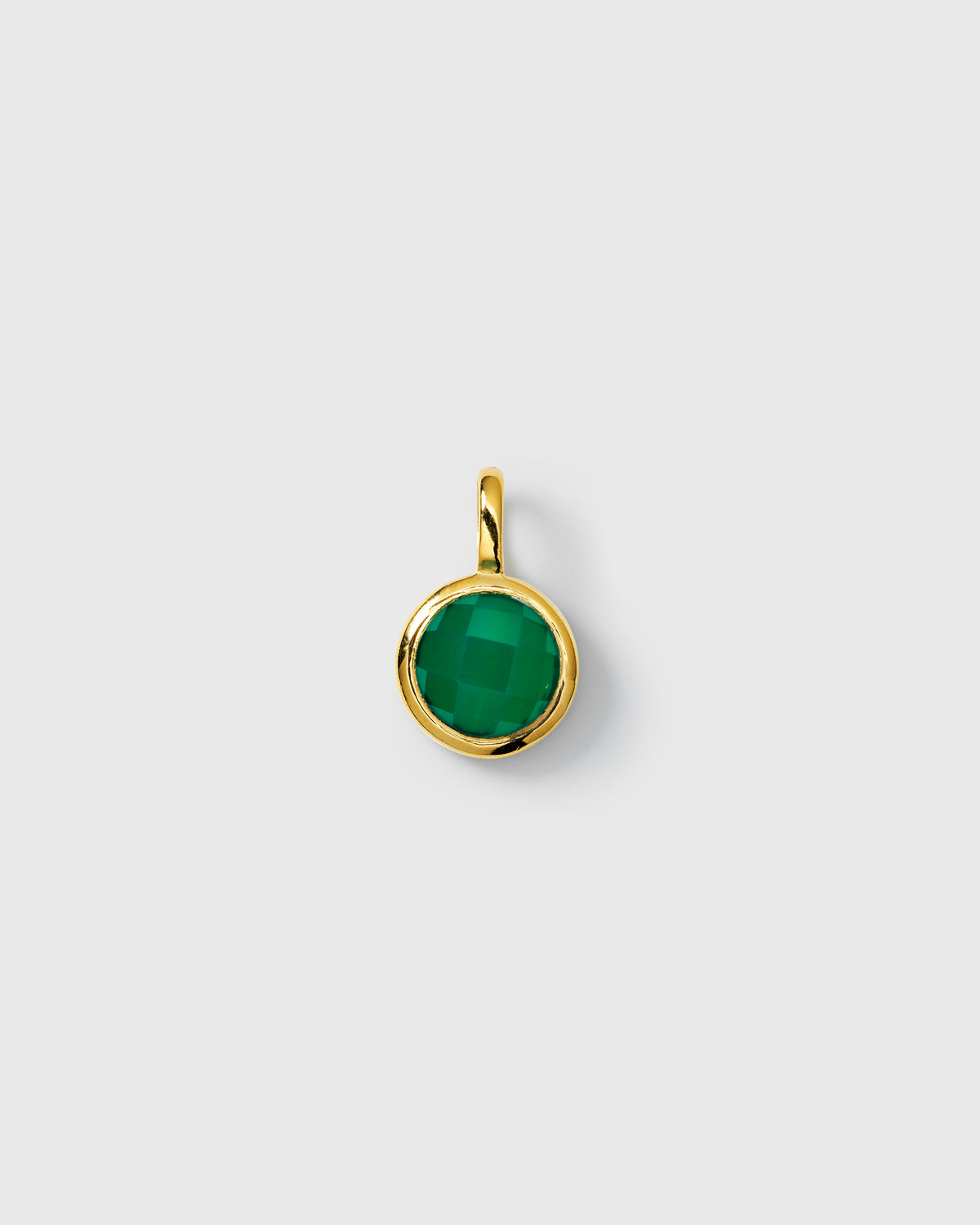 Gold pendant featuring a round faceted green onyx, May birthstone.