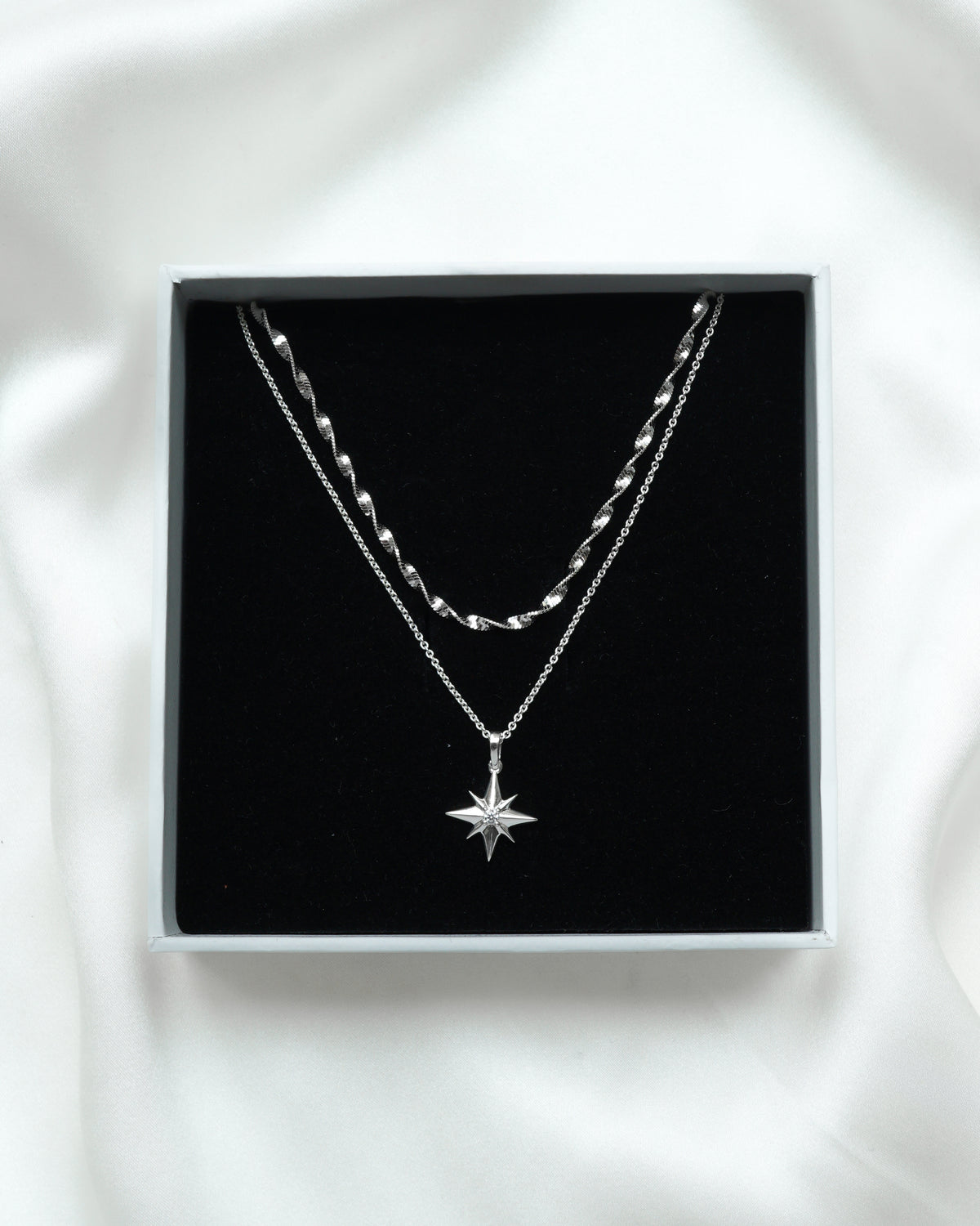 North Star & Herringbone Necklace Set Silver