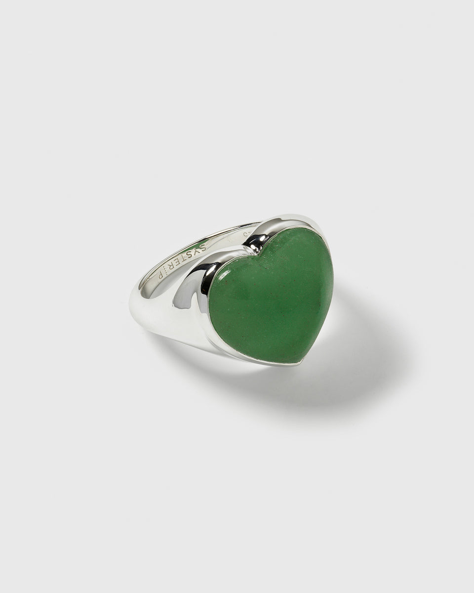 La La Love Big Heart Ring Silver Green Jade