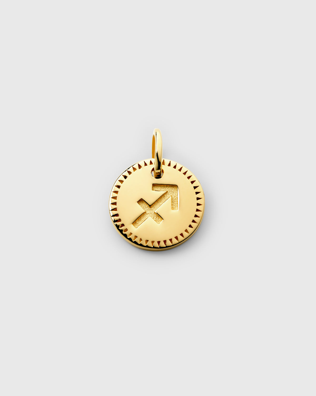 A product shot of the gold Beloved Zodie Pendant, featuring the round Sagittarius charm with its engraved symbol and decorative border.