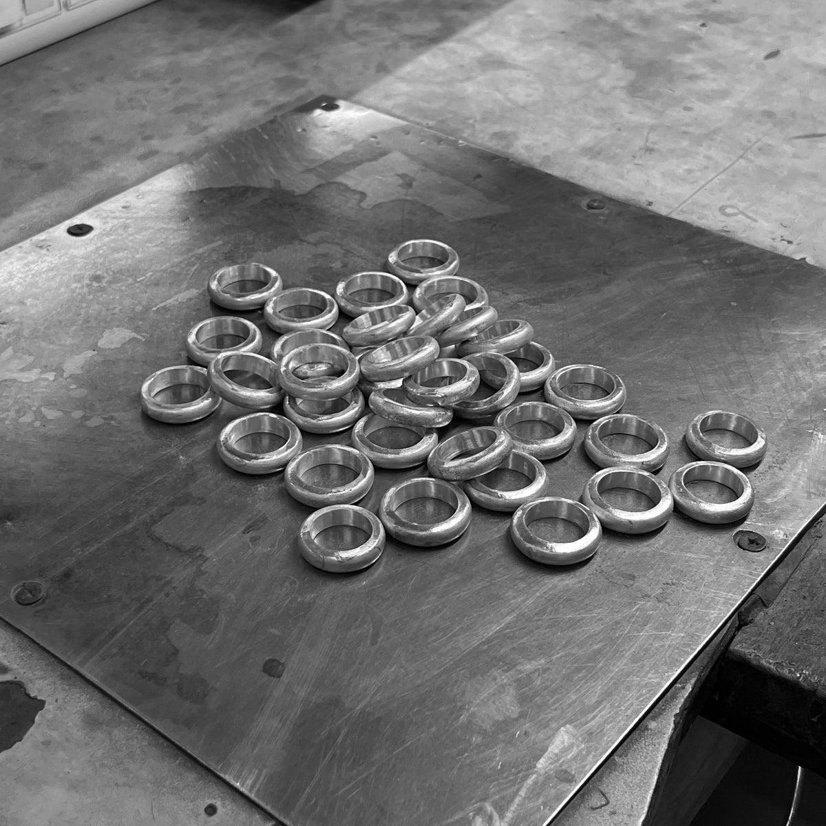 Our most popular ring, Bolded Ring, during production in our factory in India. All our jewelry is made from 100% recycled sterling silver.