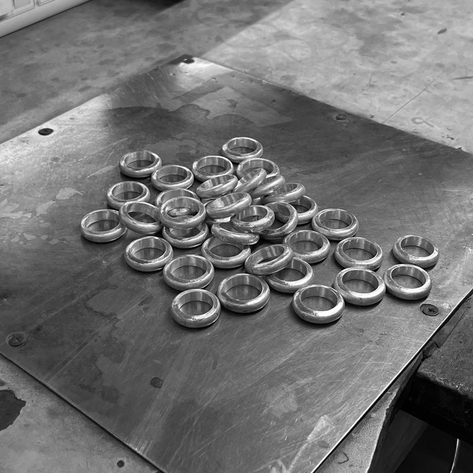 Our most popular ring, Bolded Ring, during production in our factory in India. All our jewelry is made from 100% recycled sterling silver.