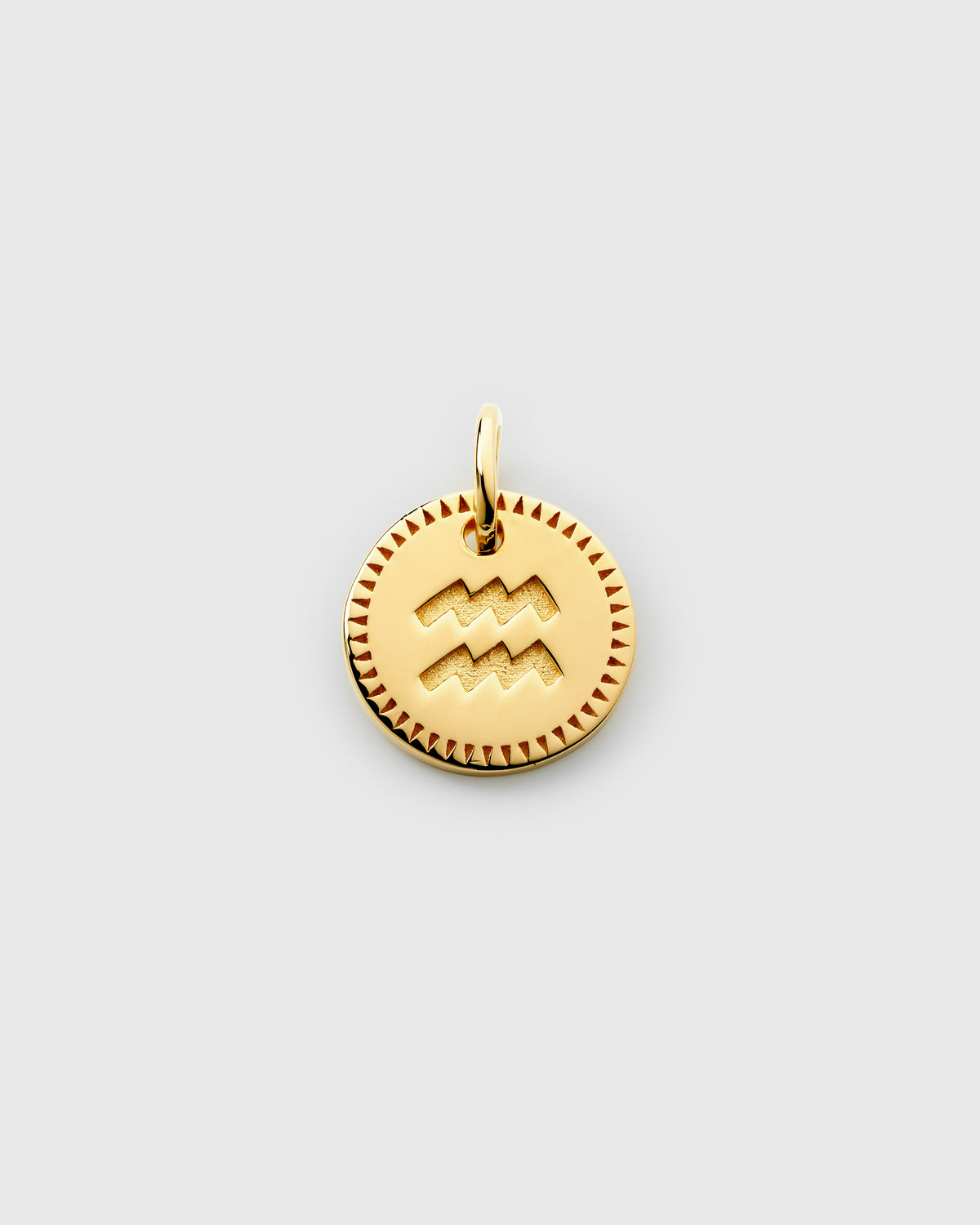 A product shot of the Beloved Zodie Pendant Gold for the star sign Aquarius, featuring the zodiac symbol engraved on a round charm with a decorative, patterned border.
