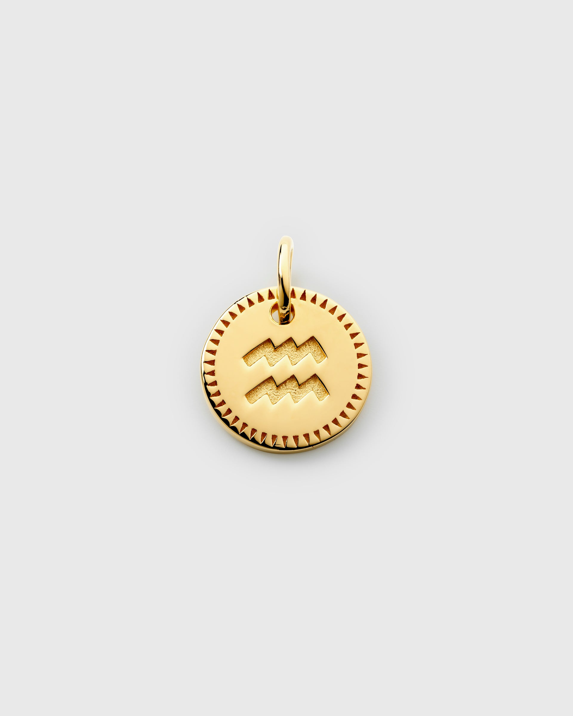 A product shot of the Beloved Zodie Pendant Gold for the star sign Aquarius, featuring the zodiac symbol engraved on a round charm with a decorative, patterned border.