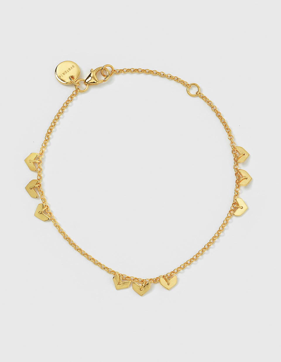 A product shot of the Layers Bianca Bracelet in gold, featuring a delicate chain adorned with small, polished, leaf-like charms, arranged in a circle.