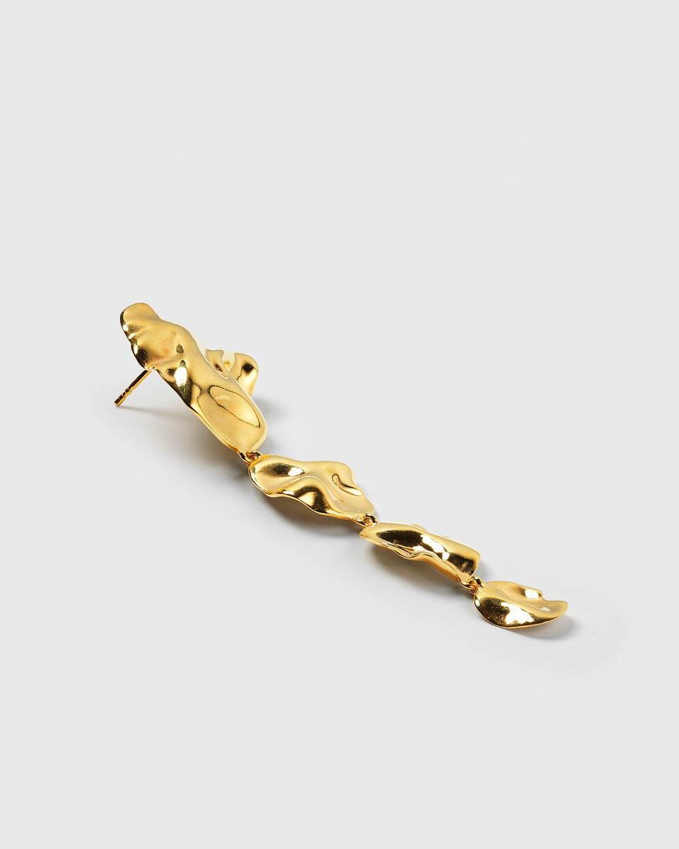A product shot of the Moulded Long Single Earring in gold, showcasing its long, dangling design composed of several linked pieces with an organic, moulded texture.