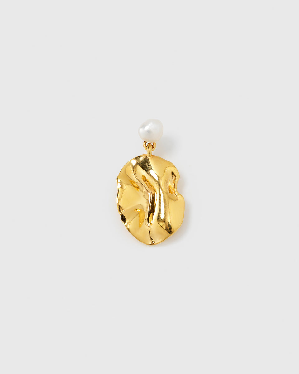 A product shot of the Moulded Short Single Earring in gold, featuring an irregularly shaped, textured gold pendant dangling from a single freshwater pearl.