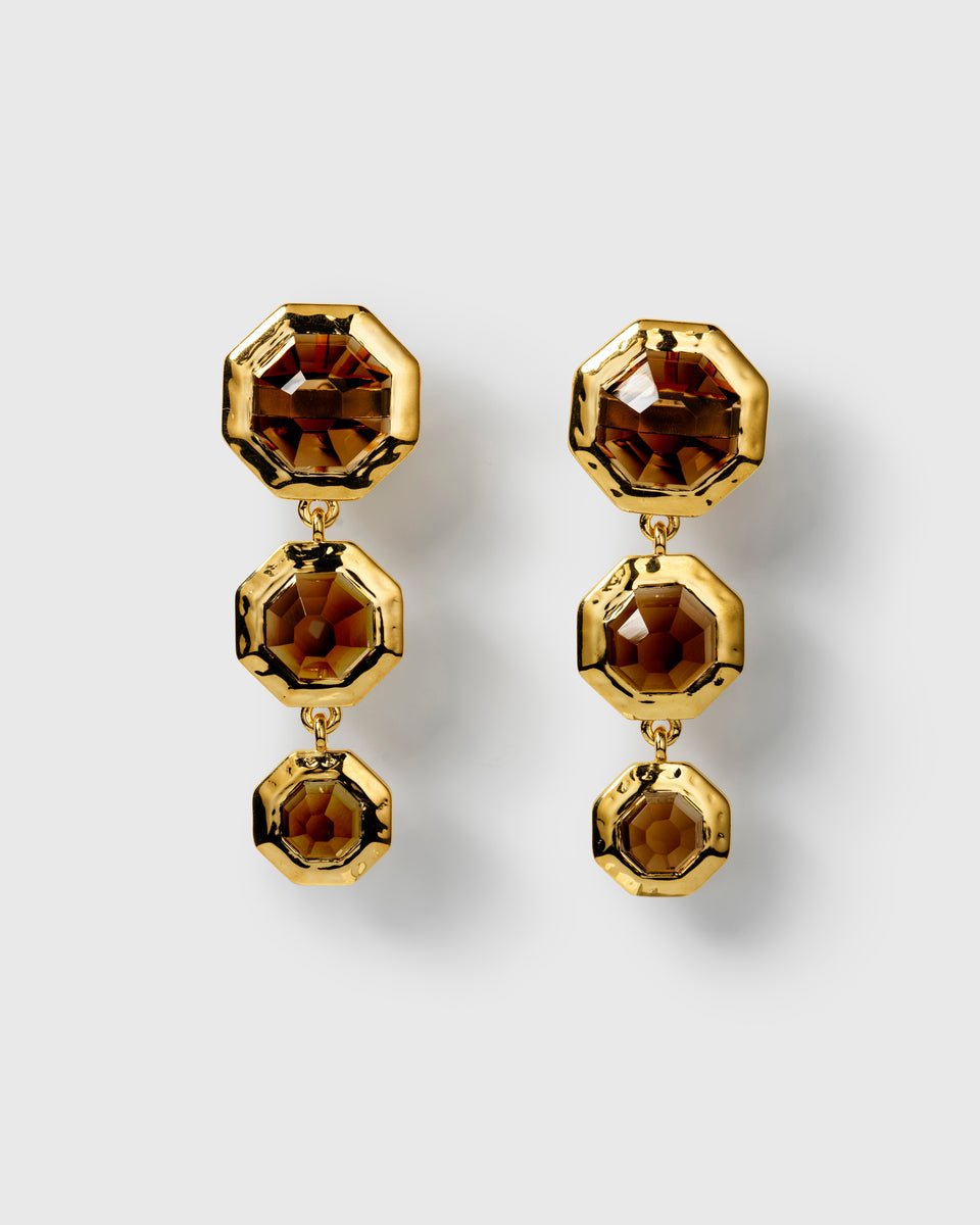 A drop style earring with three faceted, octagon-shaped Smokey Quartz stones.