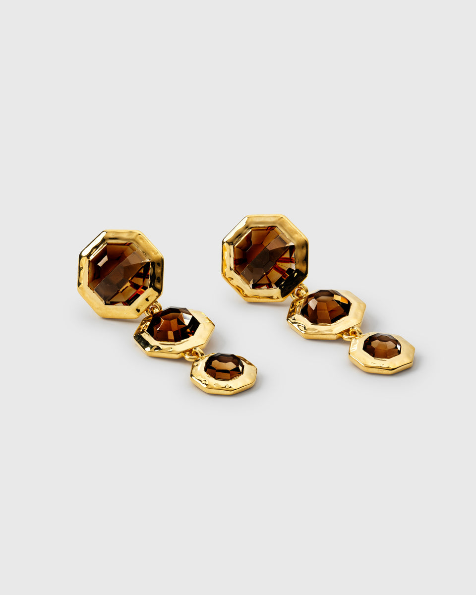A pair of drop earrings each featuring three cascading octagon-cut smokey quartz stones.