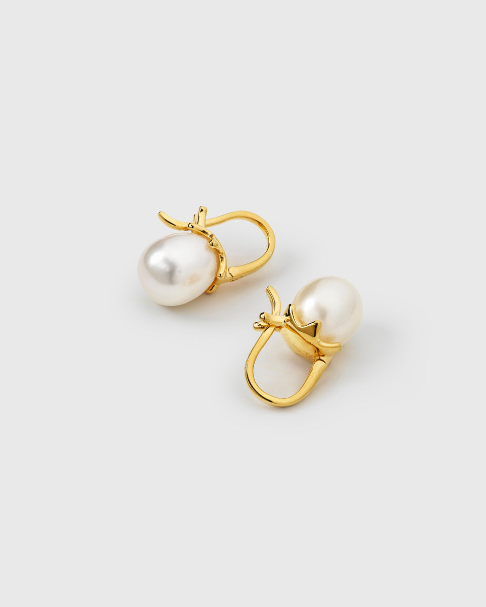 Gold hoop earring with a white freshwater pearl pendant.