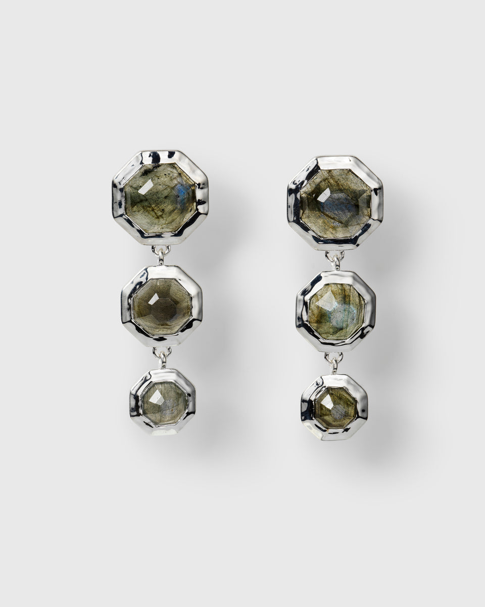 Silver drop earrings, each featuring three faceted octagonal labradorite stones set in silver.