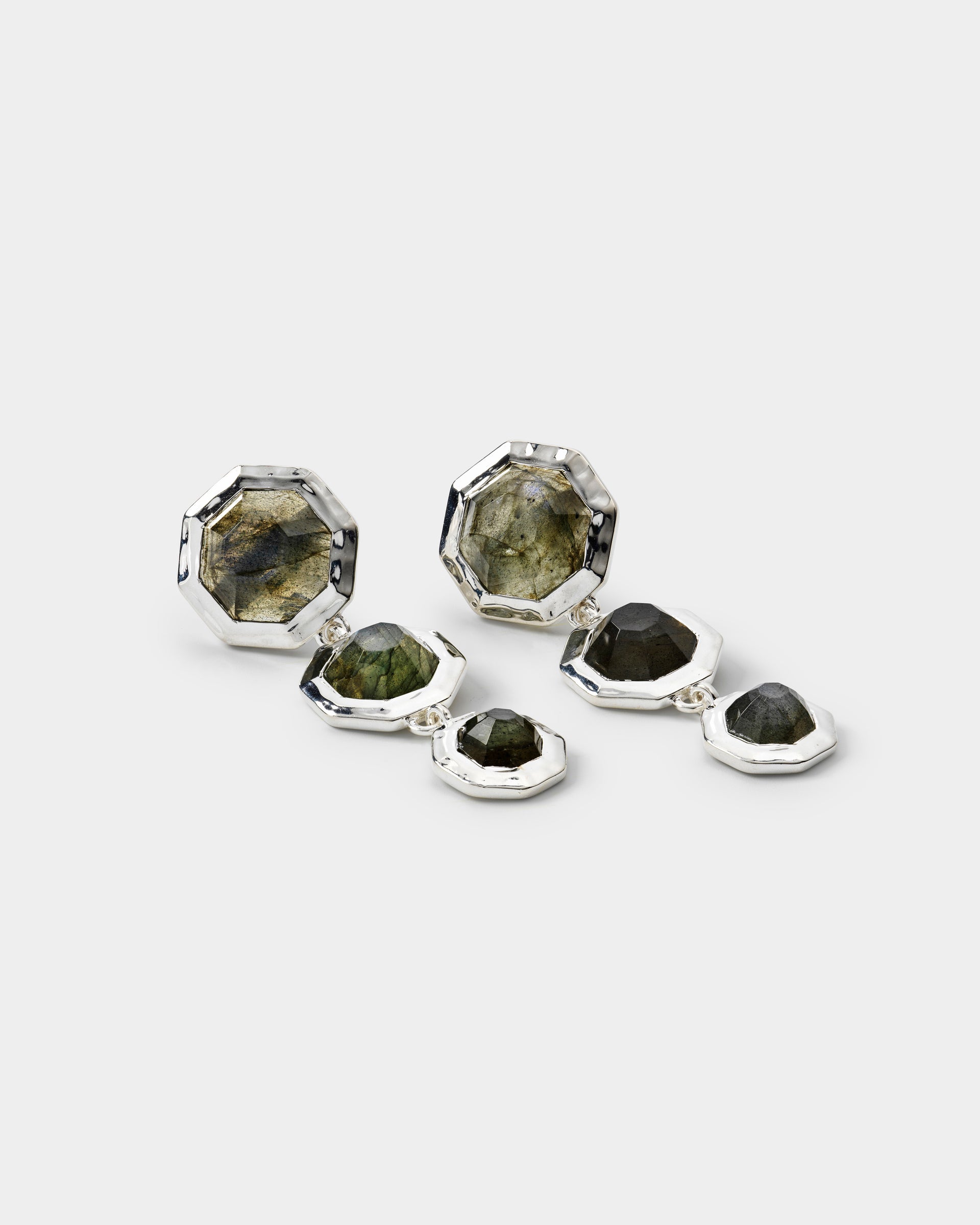 Elegant drop earrings with three linked octagonal labradorite stones on each earring.