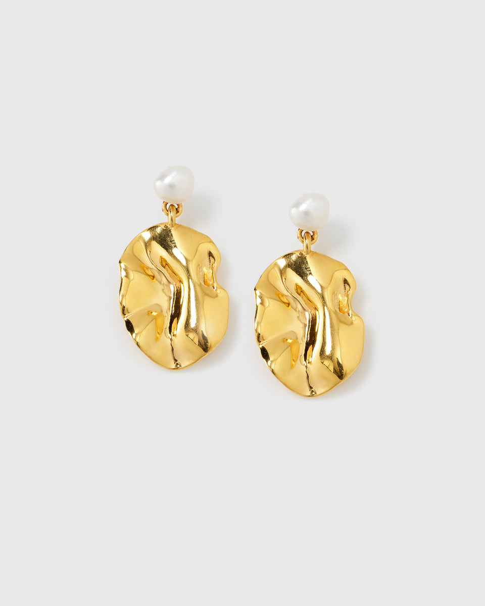 A product shot of the Moulded Short Earrings Gold, featuring their unique design with an irregularly shaped gold surface and a single freshwater pearl.