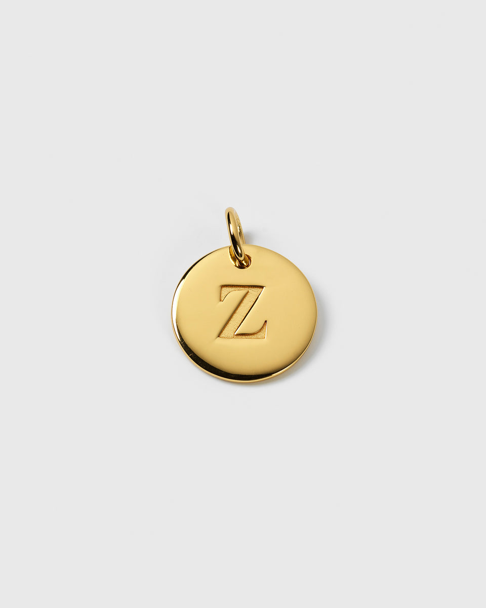 A product shot of the Beloved Big Letter Gold charm, featuring the letter 'Z' engraved on a round pendant.