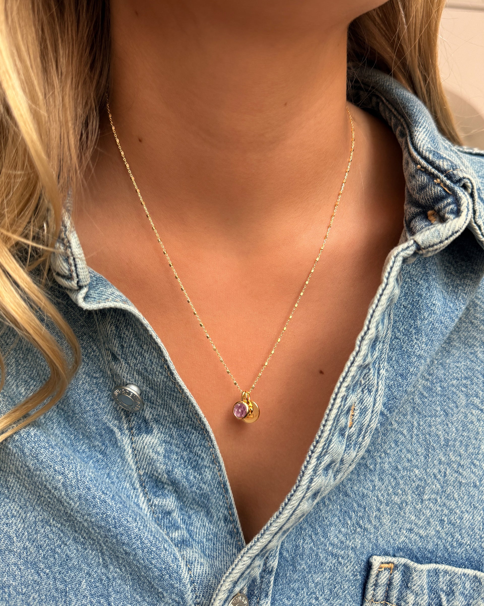 A necklace with two pendants: a February birthstone pendant featuring an amethyst, and a small gold letter pendant on a delicate chain. 