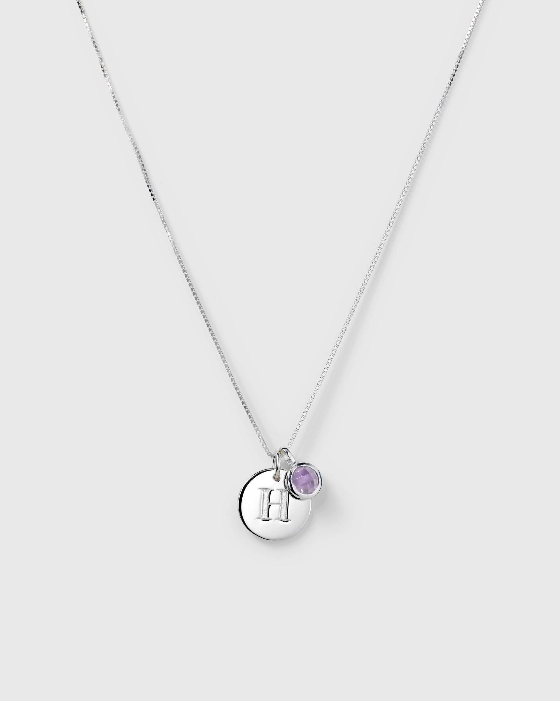 Silver necklace with two pendants: a February birthstone amethyst and a round letter charm.
