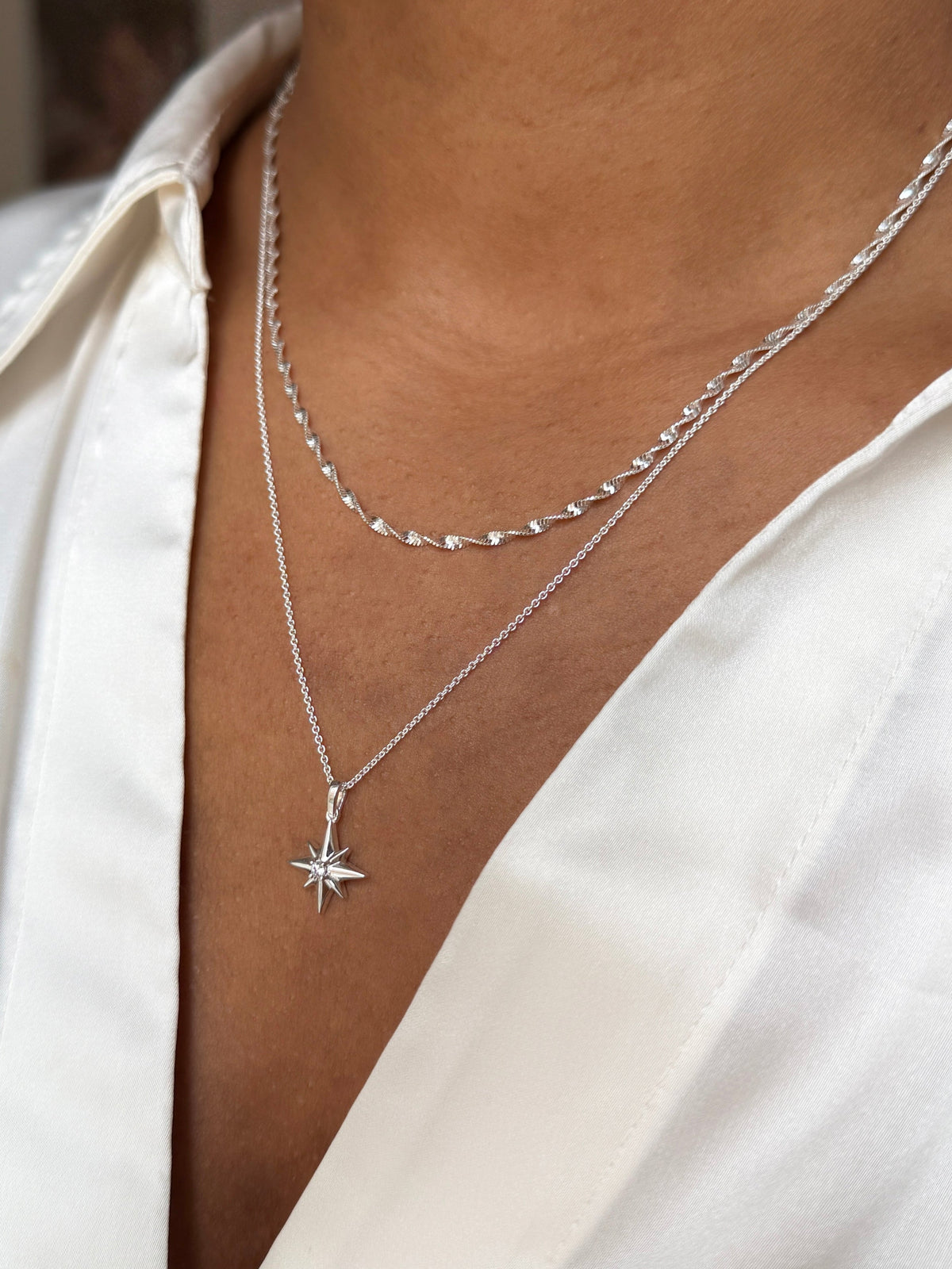 North Star & Herringbone Necklace Set Silver