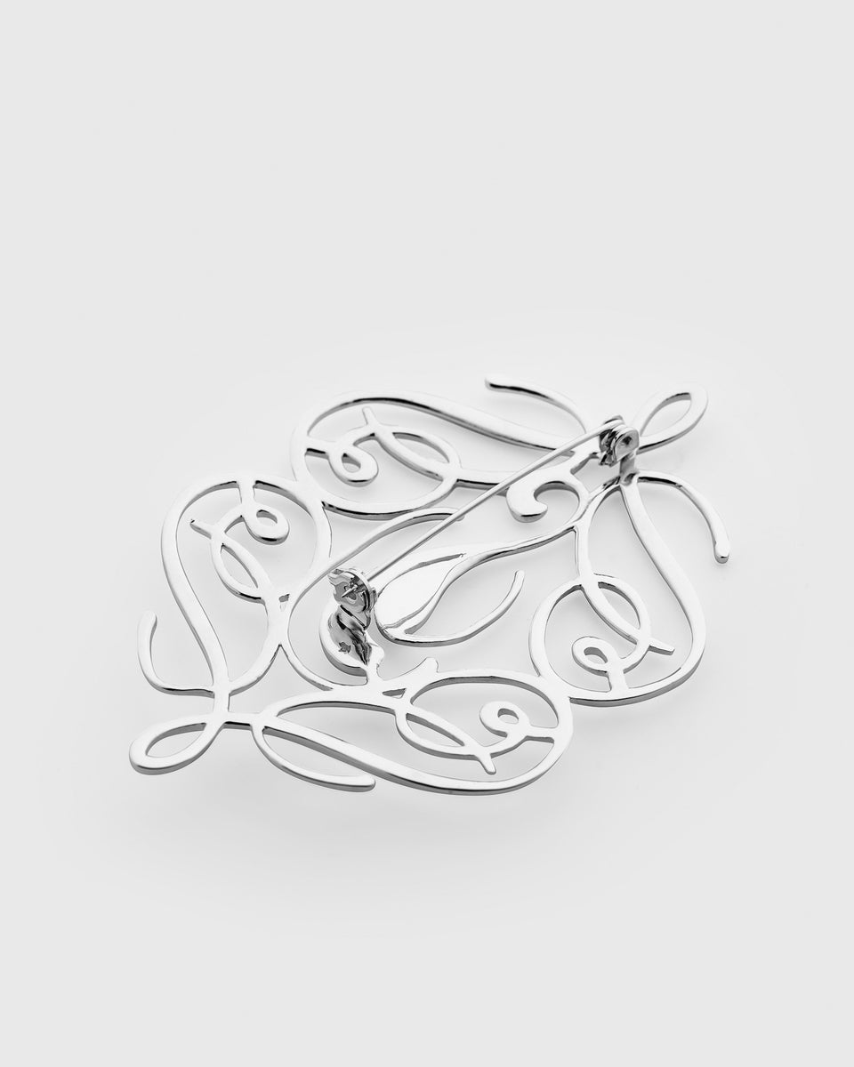 A product shot of the back of the Ophelia Brooch in silver, showing the pin fastening against its beautiful, intricate pattern.