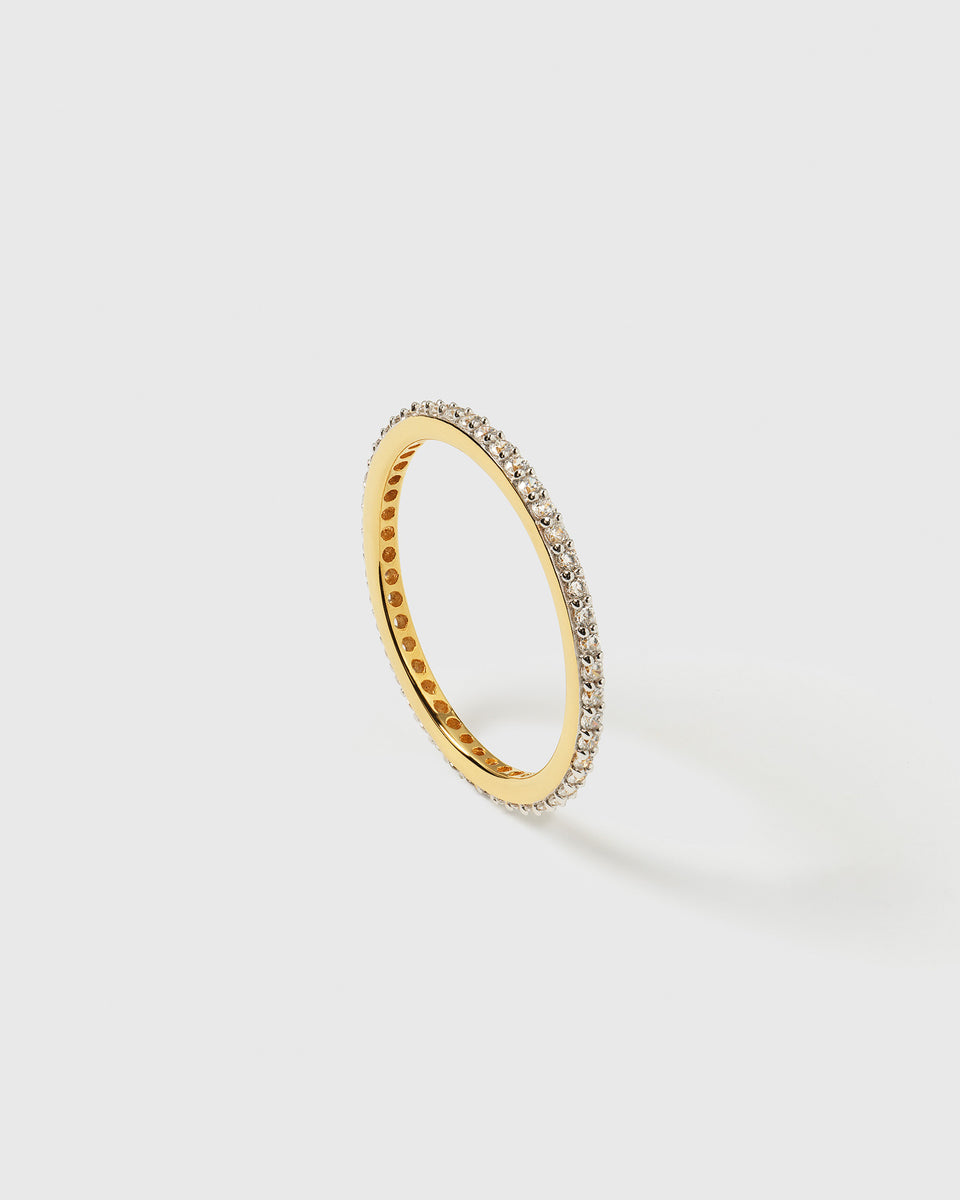 A product shot of the Tiny Sparkle Ring in gold, an eternity band design featuring small zirconias set all around the ring.