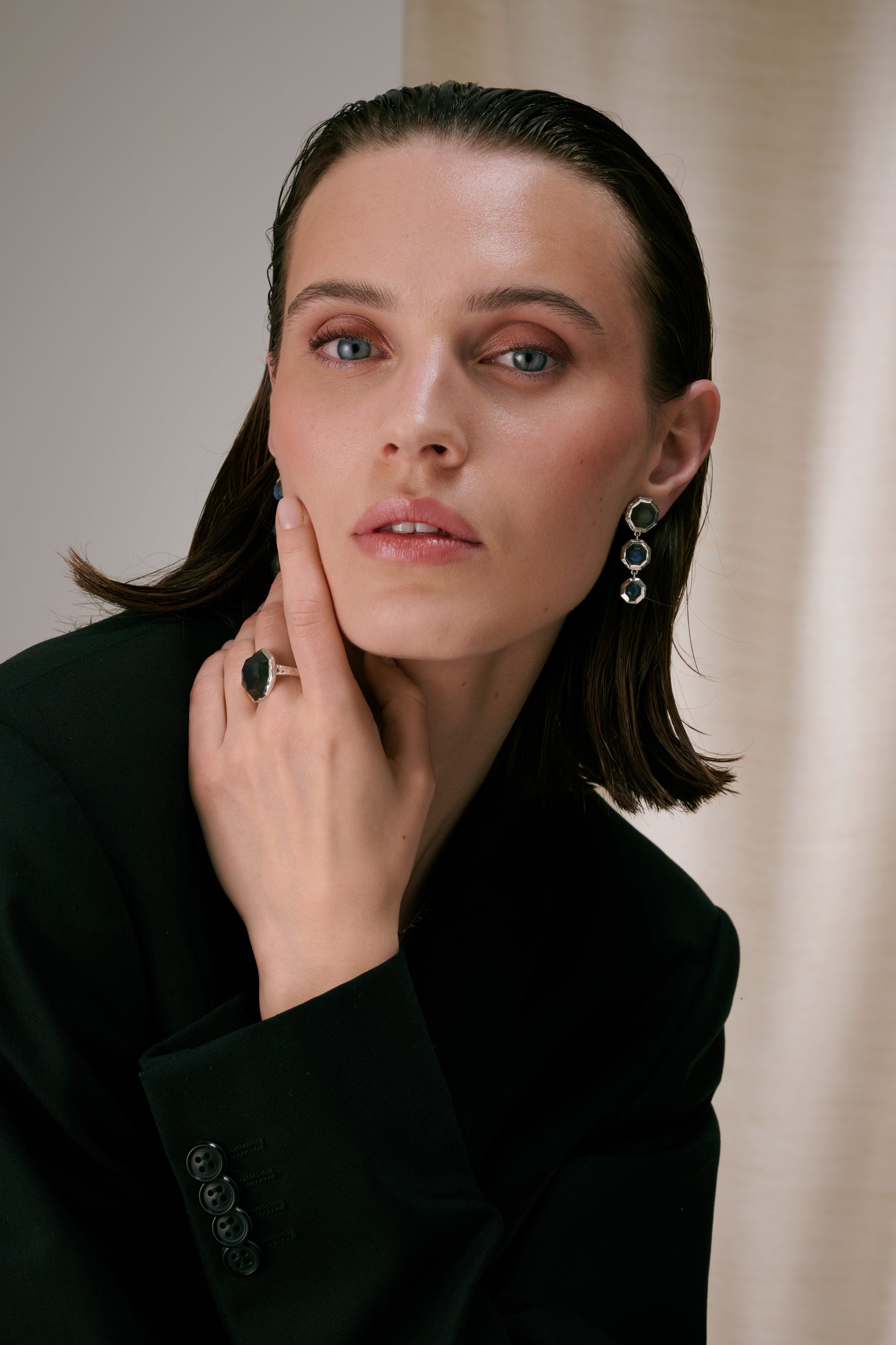 Long  earrings featuring octagon-shaped labradorite stones and a matching ring