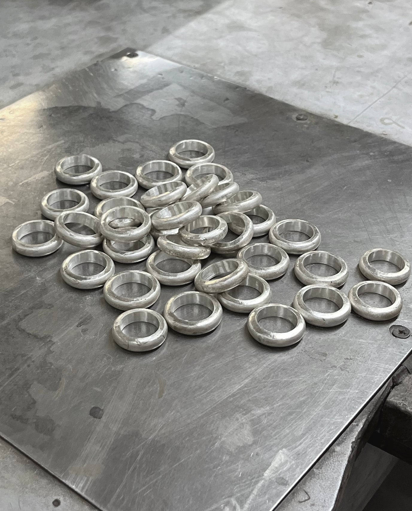 Our most popular ring, Bolded Ring, during production in our factory in India. All our jewelry is made from 100% recycled sterling silver.